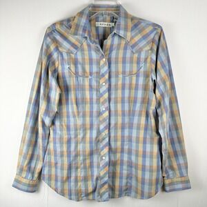 Roper Mens Plaid Western Shirt Medium Long Sleeve Pearl‎ Snap Blue Orange Cowboy